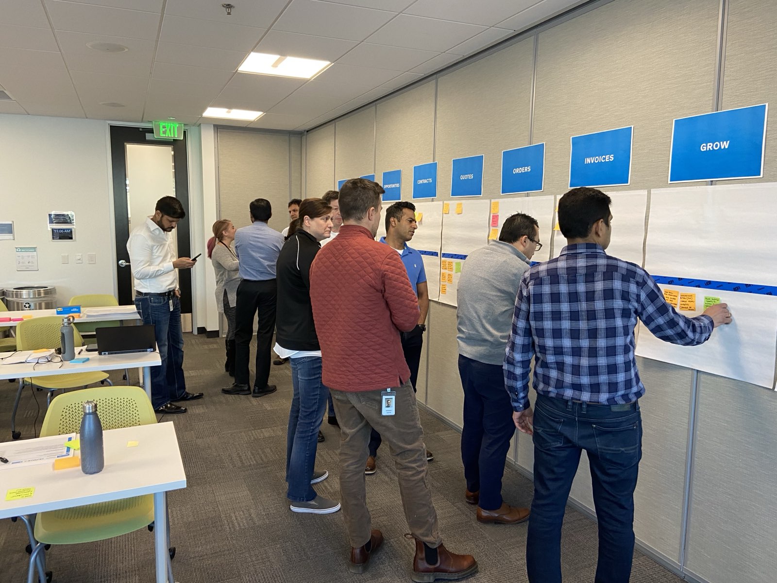 Participants standing at the wall, backs to the camera, placing sticky notes under the stages from Leads to Grow.